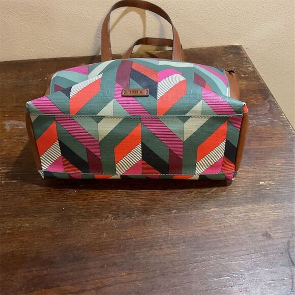 Fossil Fiona Chevron Blue/Pink Tote Bag PVC Canvas Faux Leather Women's Zip​​ - Picture 3 of 12